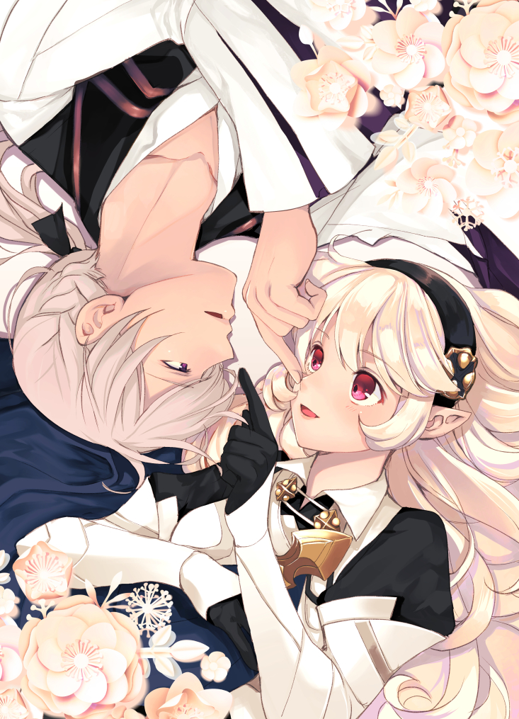 1boy 1girl armor armored_dress black_gloves corrin_(fire_emblem) corrin_(fire_emblem)_(female) couple eyebrows_visible_through_hair face-to-face finger_on_nose fire_emblem fire_emblem_fates flower gloves hair_ribbon hairband hand_on_another's_face hetero jakob_(fire_emblem) kero_sweet long_sleeves lying medium_hair on_back open_mouth pointy_ears ponytail red_eyes ribbon shirt silver_hair vest