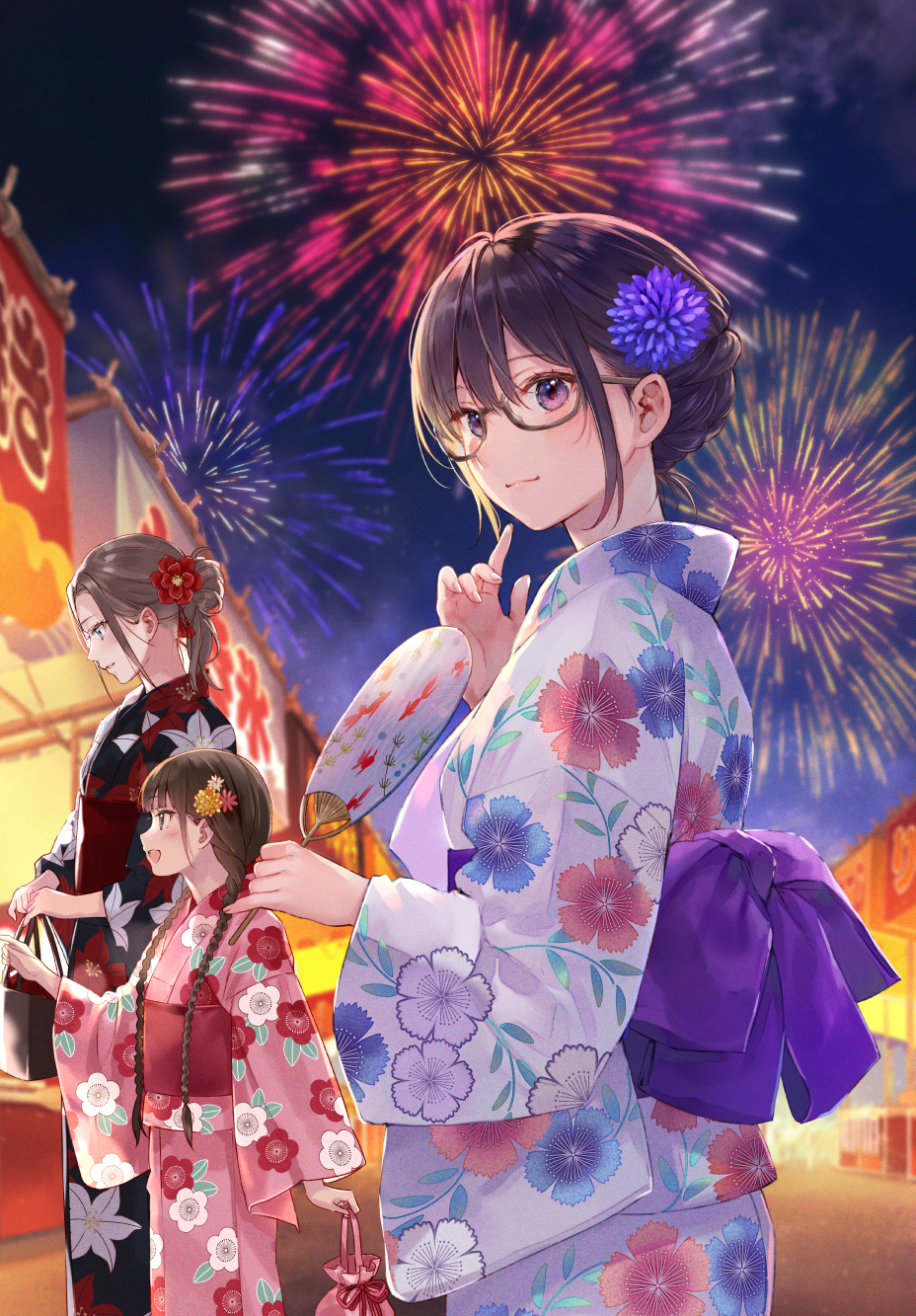 3girls :d aerial_fireworks black-framed_eyewear black_kimono blue_eyes blue_flower blurry blurry_background blush braid brown_eyes brown_hair closed_mouth commentary_request depth_of_field fan fireworks floral_print flower fukahire_(ruinon) glasses hair_flower hair_ornament highres holding holding_fan japanese_clothes kimono long_hair low_twintails multiple_girls night night_sky obi open_mouth original outdoors paper_fan pink_flower pink_kimono print_kimono red_flower sash semi-rimless_eyewear sky smile stall twin_braids twintails uchiwa under-rim_eyewear very_long_hair violet_eyes white_flower white_kimono yellow_flower