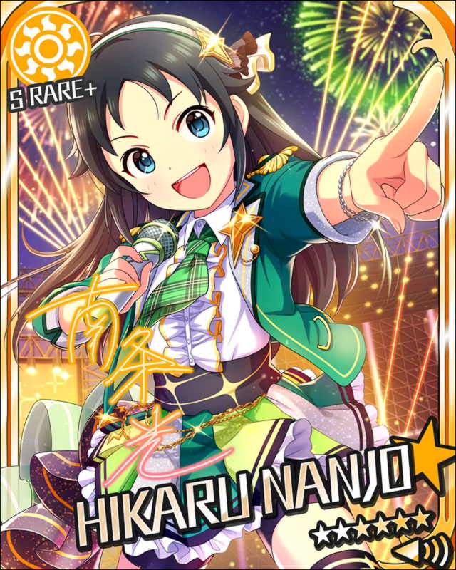 black_hair blue_eyes blush character_name idolmaster idolmaster_cinderella_girls jacket long_hair nanjou_hikaru smile stars