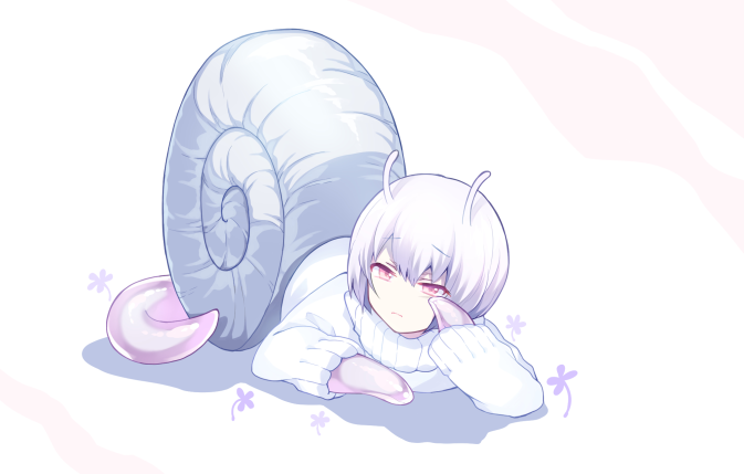 androgynous antennae full_body looking_at_viewer original pink_eyes ririkuto shell short_hair simple_background snail_girl solo sweater tail white_background white_hair white_sweater