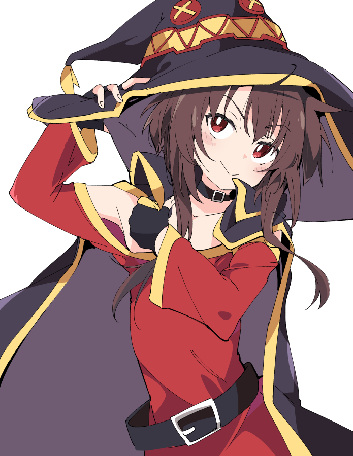 1girl belt black_cape black_gloves black_headwear blush brown_hair cape closed_mouth collar dress eyebrows_visible_through_hair fingerless_gloves gloves hand_on_headwear hat ixy kono_subarashii_sekai_ni_shukufuku_wo! long_sleeves megumin red_dress red_eyes short_hair_with_long_locks simple_background smile solo white_background witch_hat