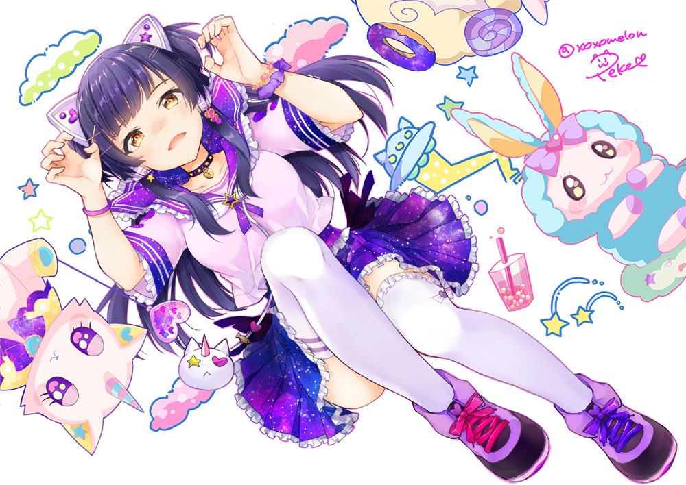 1girl black_collar blue_hair bracelet bubble_tea cat_ear_headphones claw_pose collar commentary_request frilled_legwear frilled_shirt_collar frilled_skirt frilled_sleeves frills headphones heart idolmaster idolmaster_shiny_colors jewelry knee_up long_hair long_sleeves mayuzumi_fuyuko neck_ribbon open_mouth padlocked_collar peke_(xoxopeke) pleated_skirt print_skirt purple_footwear purple_neckwear purple_skirt ribbon school_uniform serafuku shoes sidelocks signature skirt star starry_sky_print thigh-highs twitter_username two_side_up ufo unicorn white_legwear yellow_eyes