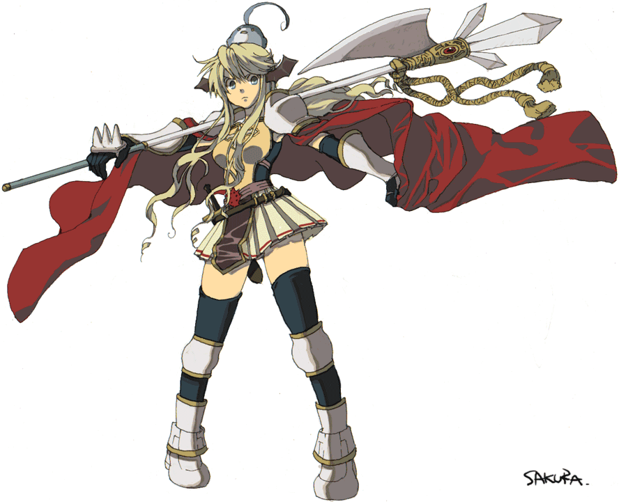 1girl animal animal_on_head armor axe belt blonde_hair blue_eyes boots breastplate cape cross dagger gauntlets head_wings lala_(sputnik) long_hair lord_knight metal_boots on_head over_shoulder ragnarok_online red_cape simple_background skirt solo standing thigh-highs weapon weapon_over_shoulder