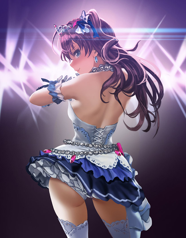 1girl ahoge ass backlighting bangs bare_shoulders blue_eyes blush breasts contrapposto cowboy_shot dress earrings from_behind gloves halterneck hamedoragon ichinose_shiki idolmaster idolmaster_cinderella_girls idolmaster_cinderella_girls_starlight_stage jewelry long_hair looking_at_viewer medium_breasts smile solo stage_lights starry_sky_bright thigh-highs tiara wavy_hair white_gloves