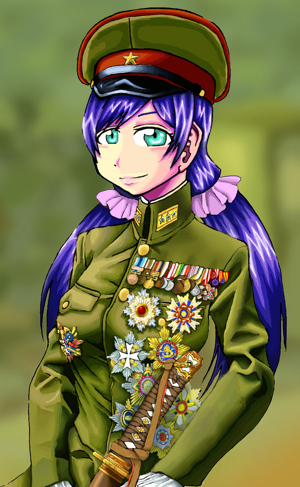1girl artist_request blue_eyes breasts cosplay gloves hat imperial_japanese_army katana looking_at_viewer love_live! love_live!_school_idol_project low_twintails medal military military_uniform parody peaked_cap portrait purple_hair source_request sword toujou_hideki toujou_hideki_(cosplay) toujou_nozomi twintails uniform weapon white_gloves