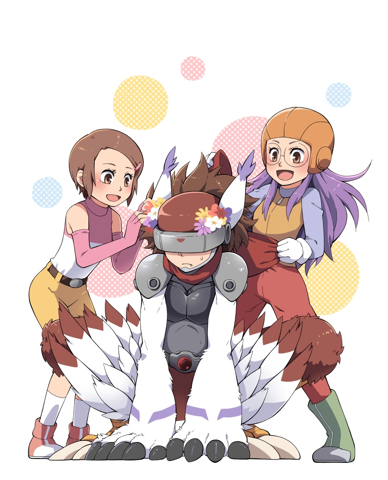 1boy 2girls all_fours animal_ears artist_request back_bow bangs belt belt_buckle bird_legs boots bow buckle cat_ears chest_protector claws commentary_request covered_eyes digimon digimon_adventure_02 dressing_another elbow_gloves embarrassed eyelashes fang fang_out feathered_wings flower flower_on_head full_body fur glasses gloves green_footwear hair_ornament hairclip hat helmet inoue_miyako leaning_forward long_hair long_sleeves medium_hair multiple_girls open_mouth oversized_limbs pants pink_gloves pink_shirt polka_dot polka_dot_background red_pants round_eyewear shadow shirt short_hair shorts shoulder_pads sidelocks silphymon simple_background sleeveless sleeveless_turtleneck socks squatting standing sweatdrop swept_bangs turtleneck two-tone_footwear two-tone_jacket two-tone_shirt visor white_background white_gloves white_legwear white_shirt wings yagami_hikari yellow_shorts zipper