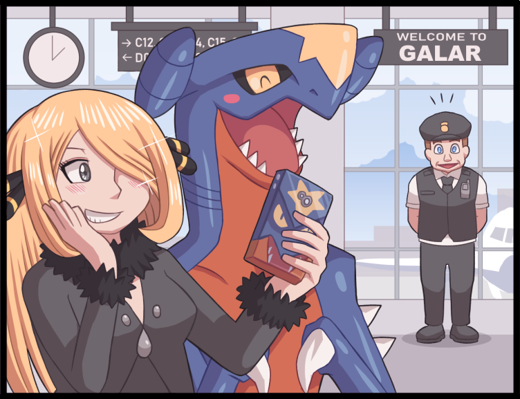 1boy 1girl airport ayyk92 black_dress blonde_hair blush cellphone claws dragon dress garchomp grin hair_ornament hair_over_one_eye hat long_hair phone pokemon pokemon_(game) pokemon_dppt pokemon_swsh police shirona_(pokemon) smartphone smile uniform uniform_vest