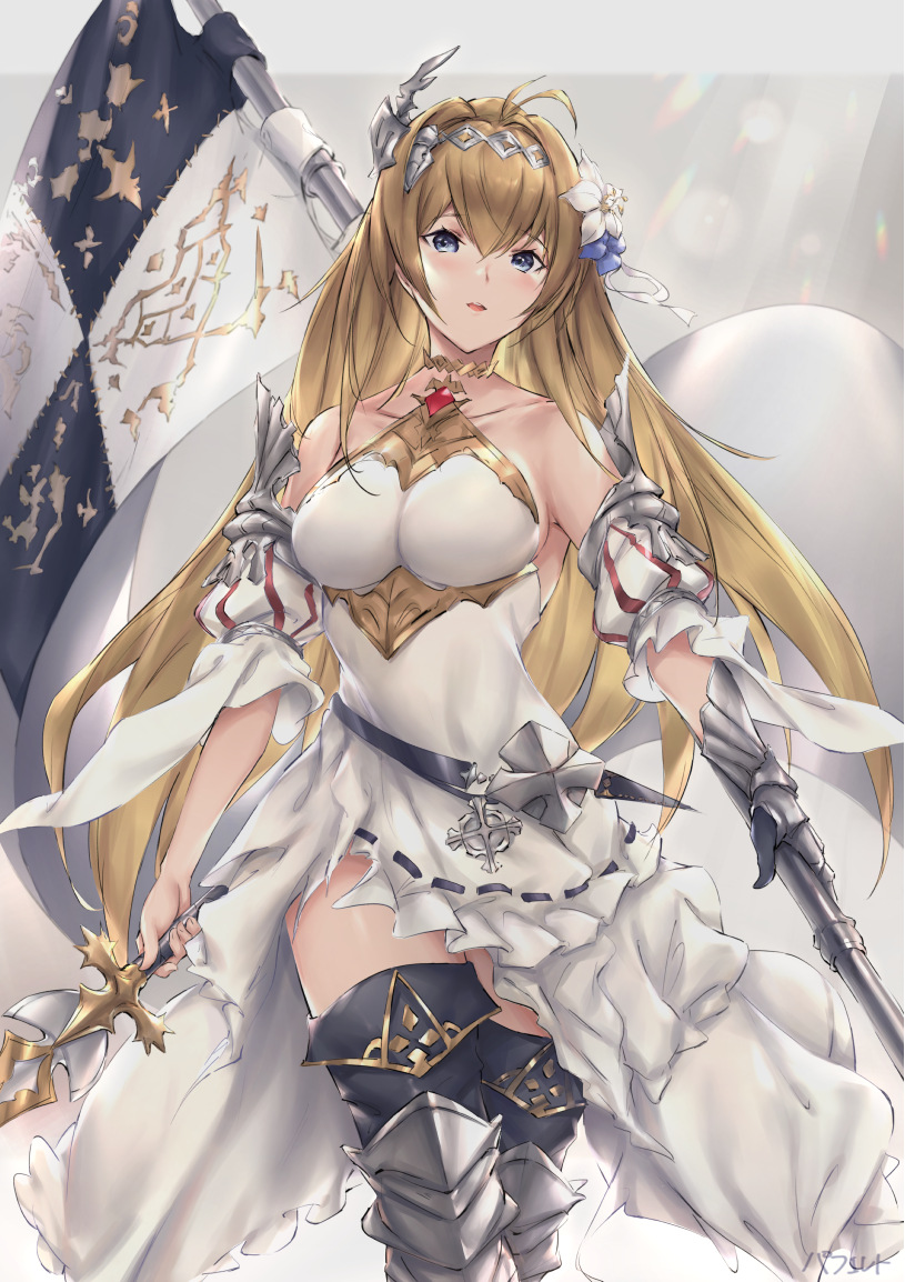 1girl armor armored_dress bangs bare_shoulders belt blonde_hair blue_eyes blush boots breasts collarbone diadem dress flag flower gauntlets granblue_fantasy greaves hair_flower hair_intakes hair_ornament jeanne_d'arc_(granblue_fantasy) large_breasts lily_(flower) long_hair looking_at_viewer open_mouth parfaitlate solo sword thigh-highs thigh_boots thighs weapon white_dress white_flower