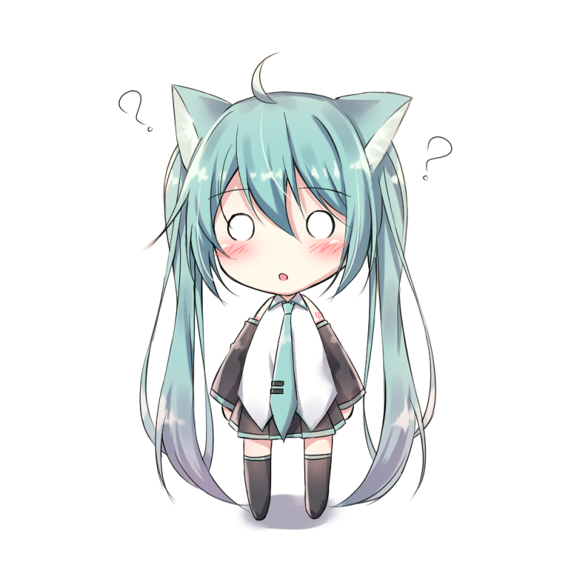 1girl :o ? ahoge akira_(been0328) animal_ears aqua_hair aqua_neckwear bare_shoulders black_legwear black_skirt black_sleeves blush cat_ears chibi commentary detached_sleeves full_body hatsune_miku long_hair looking_at_viewer necktie open_mouth shirt shoulder_tattoo skirt sleeveless sleeveless_shirt solid_circle_eyes solo standing tattoo thigh-highs twintails very_long_hair vocaloid white_background white_shirt zettai_ryouiki
