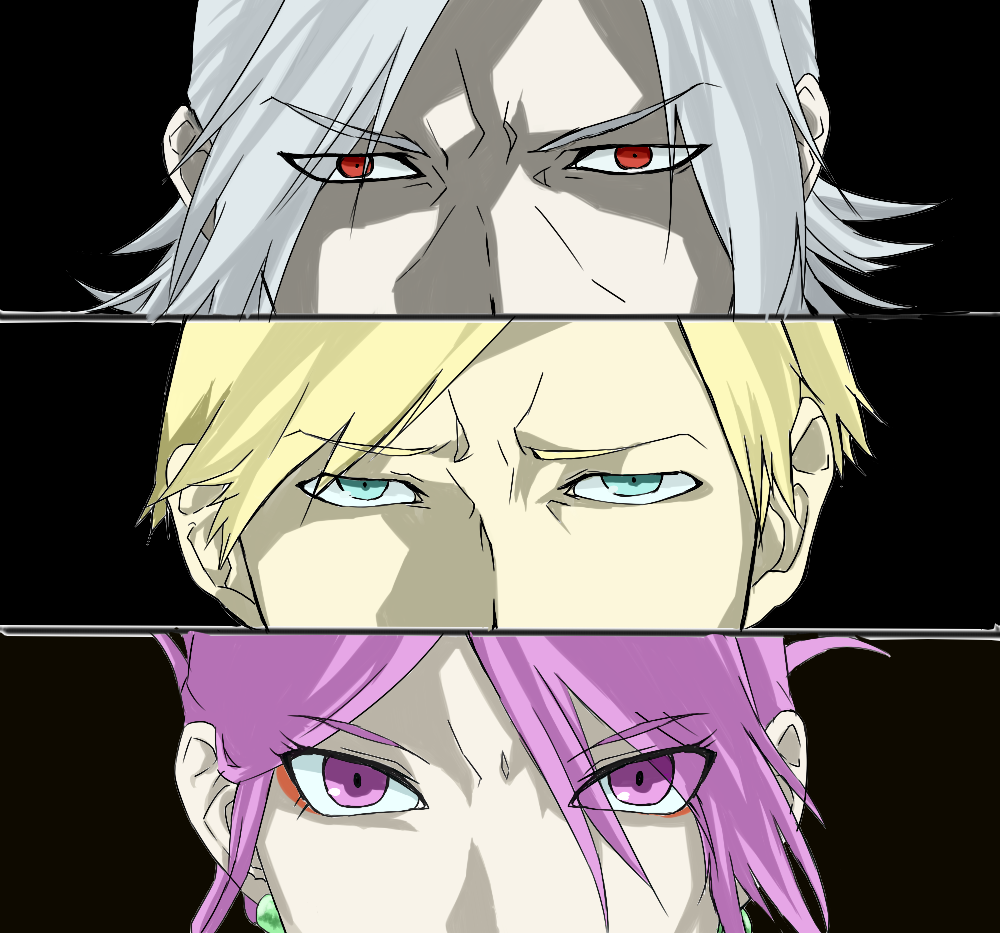 1girl 2boys akatsuki_blitzkampf bangs black_background blonde_hair blue_eyes close-up cut-in elektrosoldat eyebrows_visible_through_hair eyes hair_intakes long_hair looking_at_viewer marilyn_sue multiple_boys murakumo_(akatsuki_blitzkampf) parody persona persona_eyes pink_eyes pink_hair red_eyes short_hair silver_hair simple_background soryu2718 white_hair