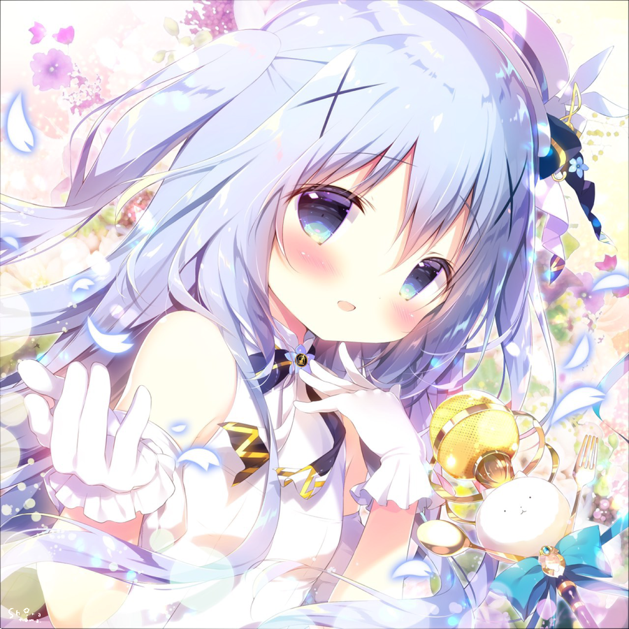 1girl bangs bare_shoulders blue_eyes blue_flower blue_hair blush breasts commentary_request detached_sleeves eyebrows_visible_through_hair flower fork gloves gochuumon_wa_usagi_desu_ka? hair_between_eyes hair_ornament hands_up hat kafuu_chino long_hair looking_at_viewer microphone mini_hat parted_lips puffy_short_sleeves puffy_sleeves purple_flower shiratama_(shiratamaco) shirt short_sleeves sleeveless sleeveless_shirt small_breasts solo spoon tilted_headwear treble_clef two_side_up upper_body white_gloves white_headwear white_shirt white_sleeves x_hair_ornament