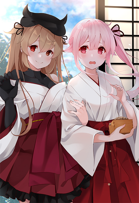 2girls beret black_serafuku blue_hair bodysuit brown_eyes gradient_hair hair_flaps hair_ribbon hakama harusame_(kantai_collection) hat heterochromia horns japanese_clothes kantai_collection kimono kujou_ichiso light_brown_hair long_hair mamemaki miko multicolored_hair multiple_girls murasame_(kantai_collection) nontraditional_miko official_art pink_eyes pink_hair pleated_skirt red_eyes remodel_(kantai_collection) ribbon school_uniform serafuku setsubun side_ponytail skirt smile twintails two_side_up wide_sleeves