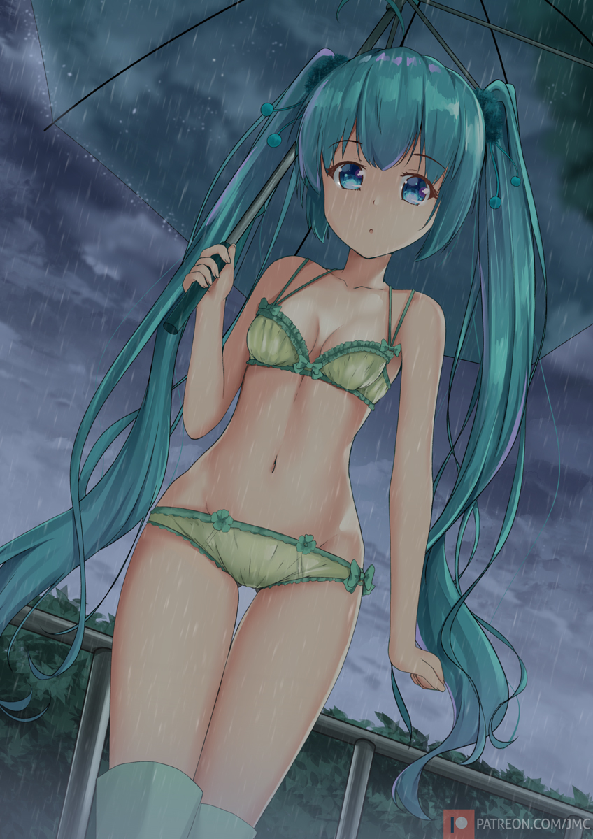 1girl ahoge aqua_eyes aqua_hair arm_at_side ass_visible_through_thighs bare_shoulders boots bow bra bush clouds cloudy_sky collarbone day dutch_angle exhibitionism frilled_bra frills green_bow green_bra green_panties hatsune_miku highres holding holding_umbrella joko_jmc long_hair looking_at_viewer navel outdoors panties railing rain rubber_boots sky solo standing stomach thigh_gap transparent transparent_umbrella umbrella underwear underwear_only very_long_hair vocaloid