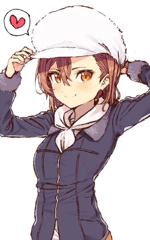 1girl adjusting_clothes adjusting_hat arms_up blue_jacket brown_eyes brown_hair closed_mouth commentary_request fur_hat hair_between_eyes hand_on_headwear hat heart jacket light_blush long_sleeves looking_at_viewer misaka_mikoto pinch_(nesume) scarf simple_background smile solo to_aru_kagaku_no_railgun to_aru_majutsu_no_index upper_body white_background white_headwear white_neckwear white_scarf winter_clothes