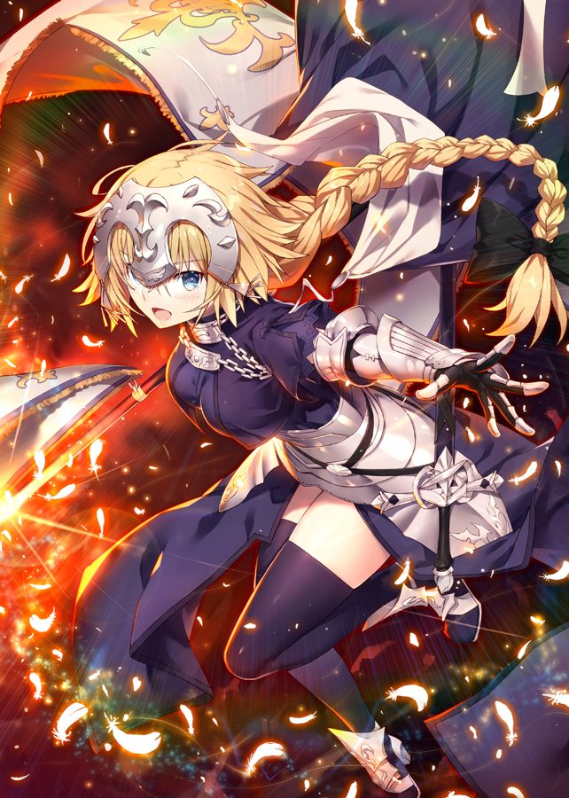 1girl :d armor armored_boots armored_dress bangs black_bow black_legwear blonde_hair blue_dress blue_eyes blush boots bow braid breasts chain commentary_request dress eyebrows_visible_through_hair fate/apocrypha fate_(series) flag flower gabiran gauntlets hair_between_eyes hair_bow headpiece jeanne_d'arc_(fate) jeanne_d'arc_(fate)_(all) long_hair looking_at_viewer medium_breasts open_mouth single_braid smile solo standing standing_on_one_leg sword thigh-highs v-shaped_eyebrows very_long_hair weapon white_flower