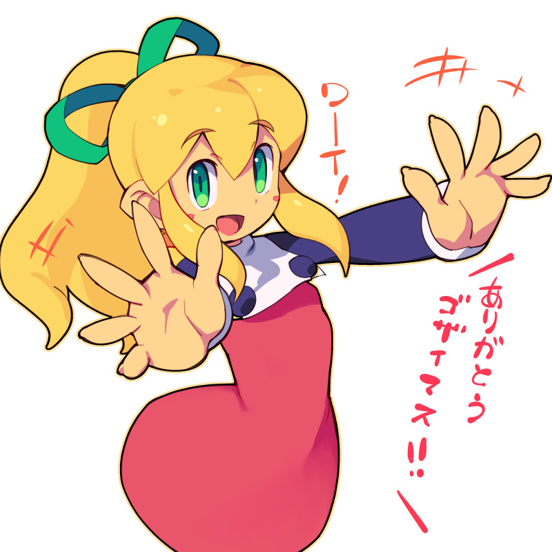 1girl :d blonde_hair blush_stickers dress eyebrows_visible_through_hair green_eyes green_ribbon hair_between_eyes hair_ribbon long_hair long_sleeves looking_at_viewer metata open_mouth ponytail red_dress ribbon rockman roll simple_background smile solo translated white_background