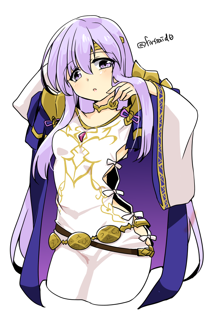 1girl breasts cowboy_shot dress eyebrows_visible_through_hair fire_emblem fire_emblem:_genealogy_of_the_holy_war hair_between_eyes hand_in_hair headband highres julia_(fire_emblem) lavender_eyes lavender_hair long_hair looking_at_viewer medium_breasts parted_lips robe simple_background solo straight_hair twitter_username white_background white_dress wide_sleeves yukia_(firstaid0)
