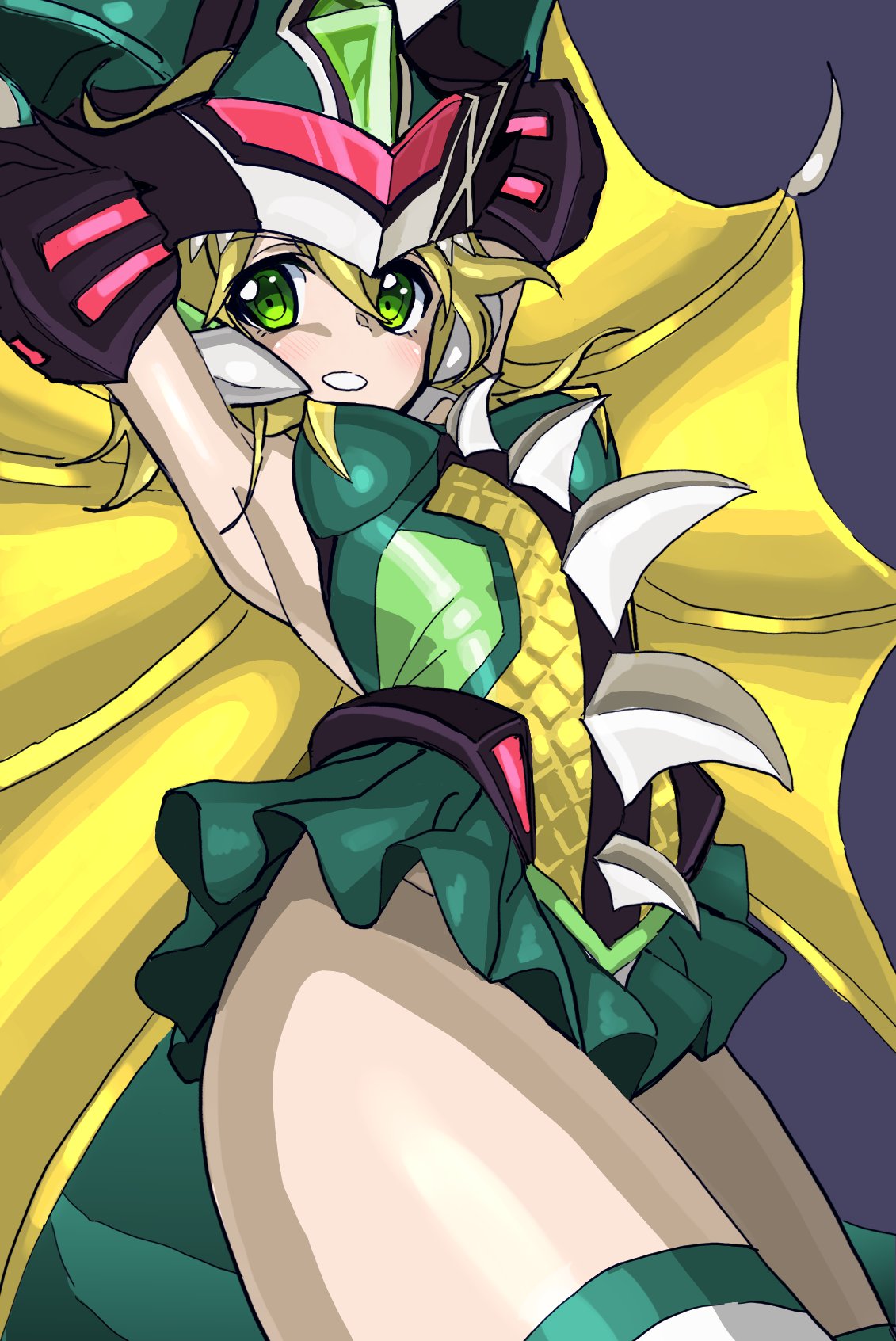 1girl akatsuki_kirika arms_up blonde_hair blush breasts commentary_request cosplay crossover fishnets gauntlets gigan gigan_(cosplay) godzilla_(series) green_eyes green_leotard headgear highres inai_uchi leotard looking_at_viewer medium_breasts senki_zesshou_symphogear senki_zesshou_symphogear_xd_unlimited shiny shiny_hair shiny_skin short_hair smile solo striped striped_legwear teeth