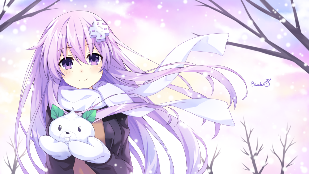 1girl binato_lulu black_jacket blush d-pad d-pad_hair_ornament dogoo english_commentary eyebrows_visible_through_hair floating_hair gloves hair_between_eyes hair_ornament holding jacket long_hair looking_at_viewer nepgear neptune_(series) orange_shirt purple_hair scarf shirt smile snow tree violet_eyes white_gloves white_scarf