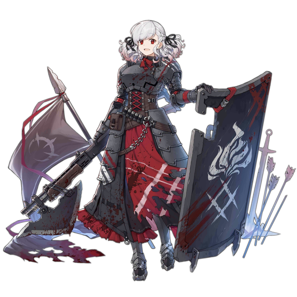 1girl alternate_costume armor armored_dress arrow axe bangs belt black_background black_pupils black_ribbon blood blood_drip blood_on_face bloody_clothes bloody_weapon braid breastplate breasts chair corset crazy_eyes eyebrows_visible_through_hair flag full_body girls_frontline gloves gradient_hair greaves grey_hair grey_jacket gun holding holding_gun holding_weapon jacket labyrinth_of_the_dark large_breasts long_hair looking_at_viewer multicolored_hair namesake neck_ribbon official_art plate_armor polearm pouch red_eyes red_ribbon redhead ribbon shield shotgun shotgun_shells sidelocks silver_hair smile solo spas-12 spas-12_(girls_frontline) spear sword terras torn_clothes transparent_background twintails weapon