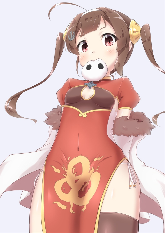 1girl ahoge anchor_hair_ornament azur_lane bangs baozi black_legwear blunt_bangs blush breasts brown_hair china_dress chinese_clothes cleavage_cutout coat commentary_request covered_navel cowboy_shot dot_nose dragon dragon_print dress eastern_dragon food food_in_mouth from_below fur-trimmed_coat fur_trim gold_trim grey_background hair_ornament hairband hairpods jewelry kurobane_(fukurou15) looking_at_viewer mouth_hold off_shoulder panties pelvic_curtain ping_hai_(azur_lane) puffy_sleeves red_dress red_eyes short_sleeves side-tie_panties simple_background small_breasts solo tareme thigh-highs thighs twintails underwear white_coat