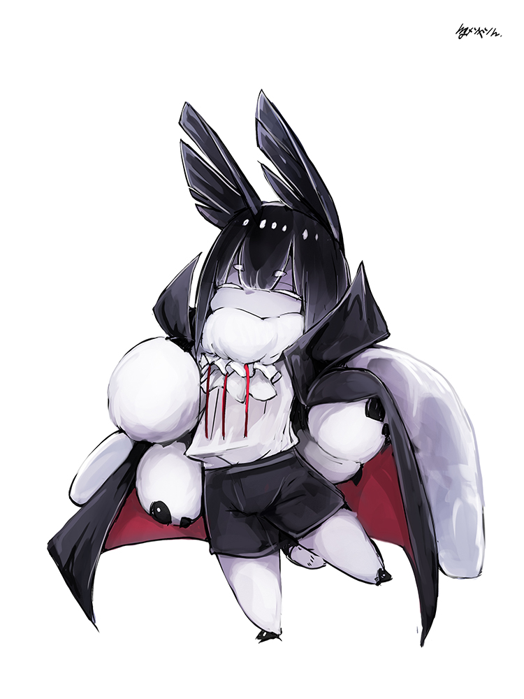 1girl bangs black_sclera cape closed_eyes diddms1999 eyebrows_visible_through_hair frills full_body fur halloween halloween_costume insect_girl insect_wings monster_girl moth_(diddms1999) moth_ears moth_girl original shirt short_hair shorts solo vampire_costume white_background wings