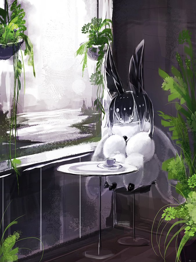 1girl bangs black_sclera closed_eyes cup diddms1999 eyebrows_visible_through_hair fur insect_girl insect_wings monster_girl moth_(diddms1999) moth_ears moth_girl original plant short_hair sitting stool table window wings