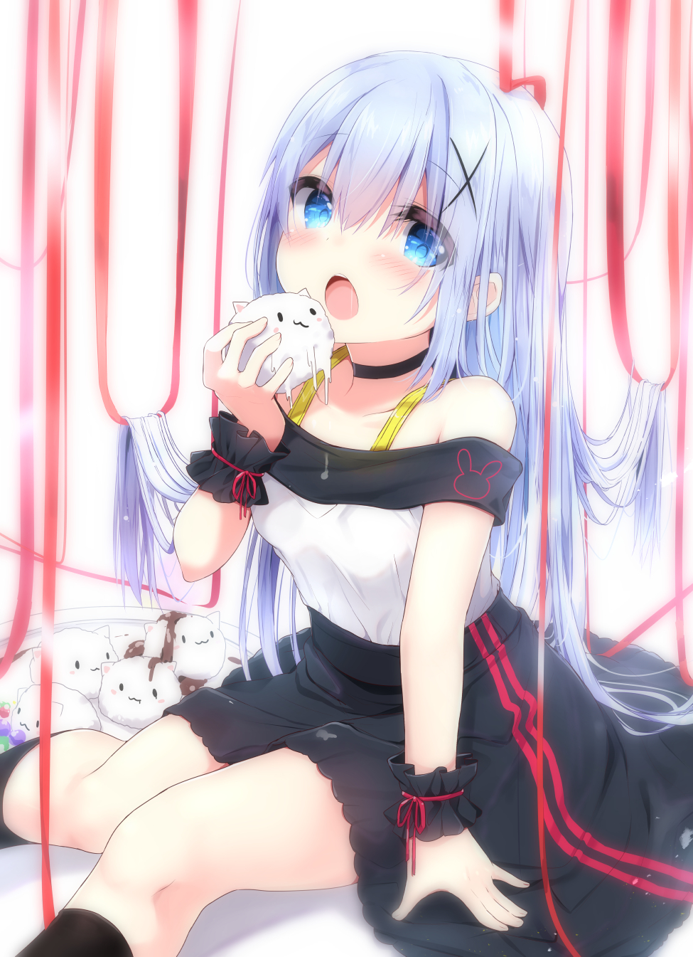 1girl bangs bare_shoulders black_legwear black_skirt blue_eyes blue_hair blush commentary_request eyebrows_visible_through_hair feet_out_of_frame food gochuumon_wa_usagi_desu_ka? hair_between_eyes hair_ornament highres holding holding_food kafuu_chino kneehighs kouda_suzu long_hair looking_at_viewer off-shoulder_shirt off_shoulder open_mouth plate saliva shirt sitting skirt solo tippy_(gochiusa) very_long_hair white_shirt wrist_cuffs x_hair_ornament