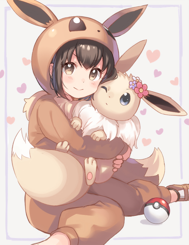 &gt;:) 1girl black_hair blush brown_eyes closed_mouth cosplay eevee eevee_(cosplay) flower gen_1_pokemon heart hug kurasawa_moko long_sleeves poke_ball poke_ball_(generic) poke_kid_(pokemon) pokemon pokemon_(creature) pokemon_(game) pokemon_swsh red_flower short_hair sitting smile solo wariza white_background