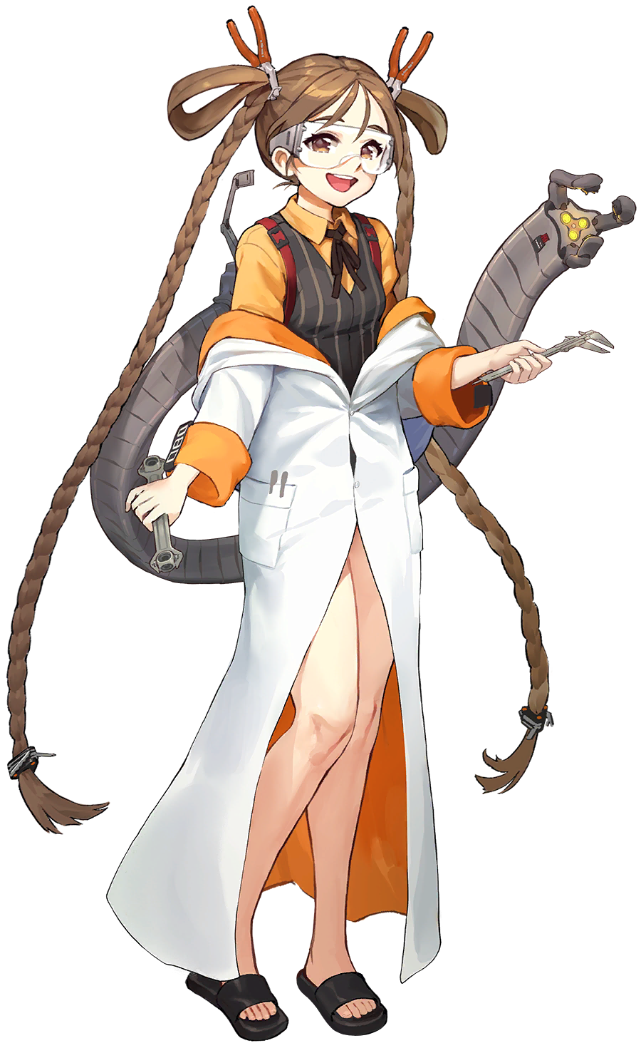 1girl braid brown_hair doctor_(last_origin) full_body hair_pliers hair_rings highres kakiman labcoat last_origin long_hair looking_at_viewer open_mouth pliers ribbon safety_glasses sandals smile solo tachi-e transparent_background twin_braids twintails very_long_hair vest wrench