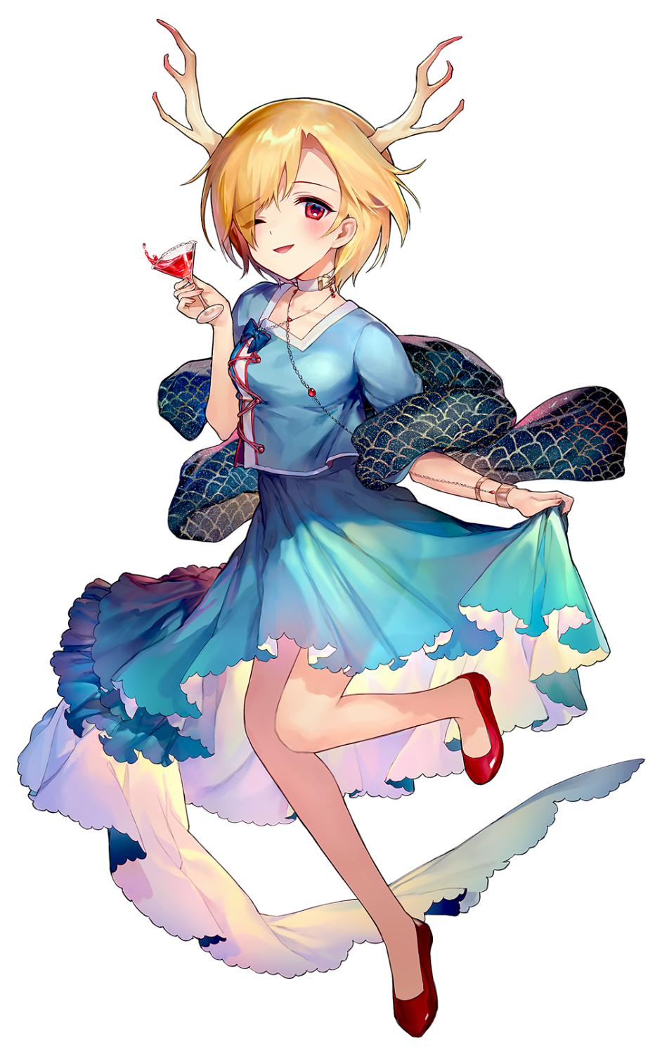 1girl ;d ainy77 bangs blonde_hair blue_shirt blue_skirt blush breasts choker cup drinking_glass eyebrows_visible_through_hair flats full_body hand_up highres holding holding_cup kicchou_yachie looking_at_viewer miniskirt one_eye_closed open_mouth red_eyes red_footwear shirt short_hair skirt skirt_hold small_breasts smile solo touhou transparent_background white_choker wine_glass