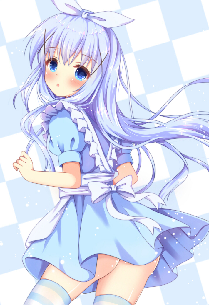 1girl :o apron ass back_bow bangs blue_dress blue_eyes blue_hair blue_ribbon blush bow checkered checkered_background commentary_request dress eyebrows_visible_through_hair frilled_apron frills gochuumon_wa_usagi_desu_ka? hair_ornament hair_ribbon kafuu_chino kedama_(kedama_akaza) long_hair looking_at_viewer looking_to_the_side parted_lips pleated_dress puffy_short_sleeves puffy_sleeves ribbon short_sleeves solo striped striped_legwear thigh-highs very_long_hair white_apron white_bow x_hair_ornament