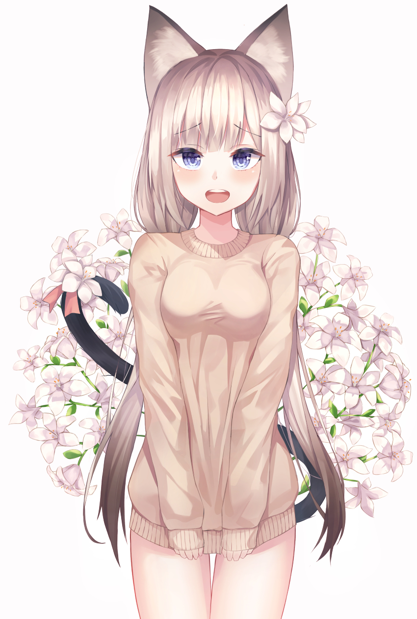 1girl animal_ear_fluff animal_ears bangs blue_eyes blush breasts brown_hair brown_sweater cat cat_ears cat_girl cat_tail commentary_request eyebrows_visible_through_hair flower hair_flower hair_ornament highres long_hair long_sleeves looking_at_viewer low_twintails medium_breasts open_mouth original personification revision shiro_(acad1213) siamese_cat simple_background sleeves_past_wrists solo sweater tail thigh_gap twintails upper_teeth very_long_hair white_background white_flower