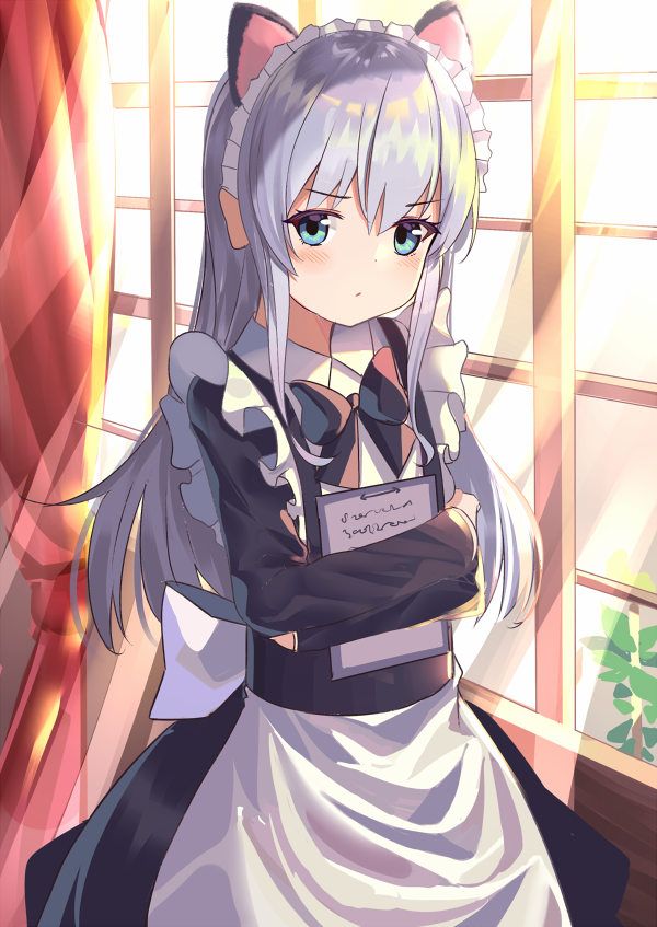 1girl alternate_costume animal_ears apron black_dress blue_eyes blush cat_ears curtains dress enmaided eyebrows_visible_through_hair hair_between_eyes hibiki_(kantai_collection) kantai_collection long_hair long_sleeves maid maid_apron maid_dress maid_headdress moyasi3409854 silver_hair solo white_apron window