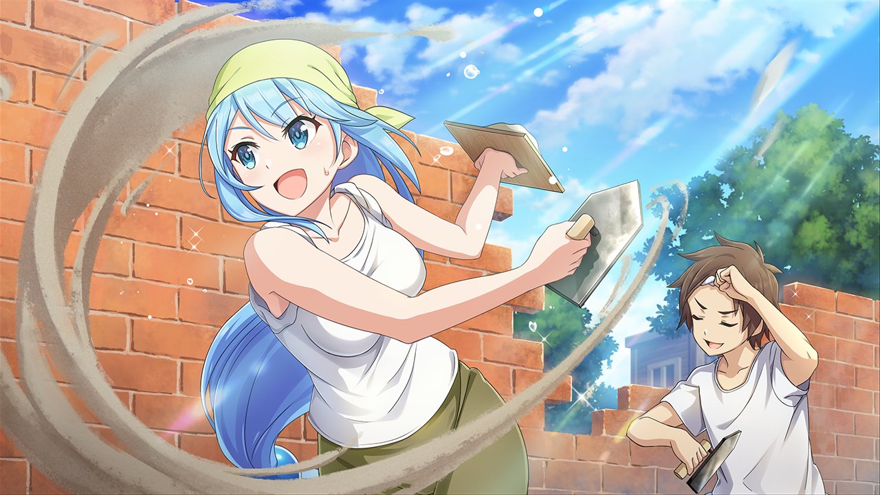 1boy 1girl aqua_(konosuba) blue_eyes blue_hair blush breasts brick_wall brown_hair building kono_subarashii_sekai_ni_shukufuku_wo! long_hair official_art open_mouth outdoors paintbrush satou_kazuma wall