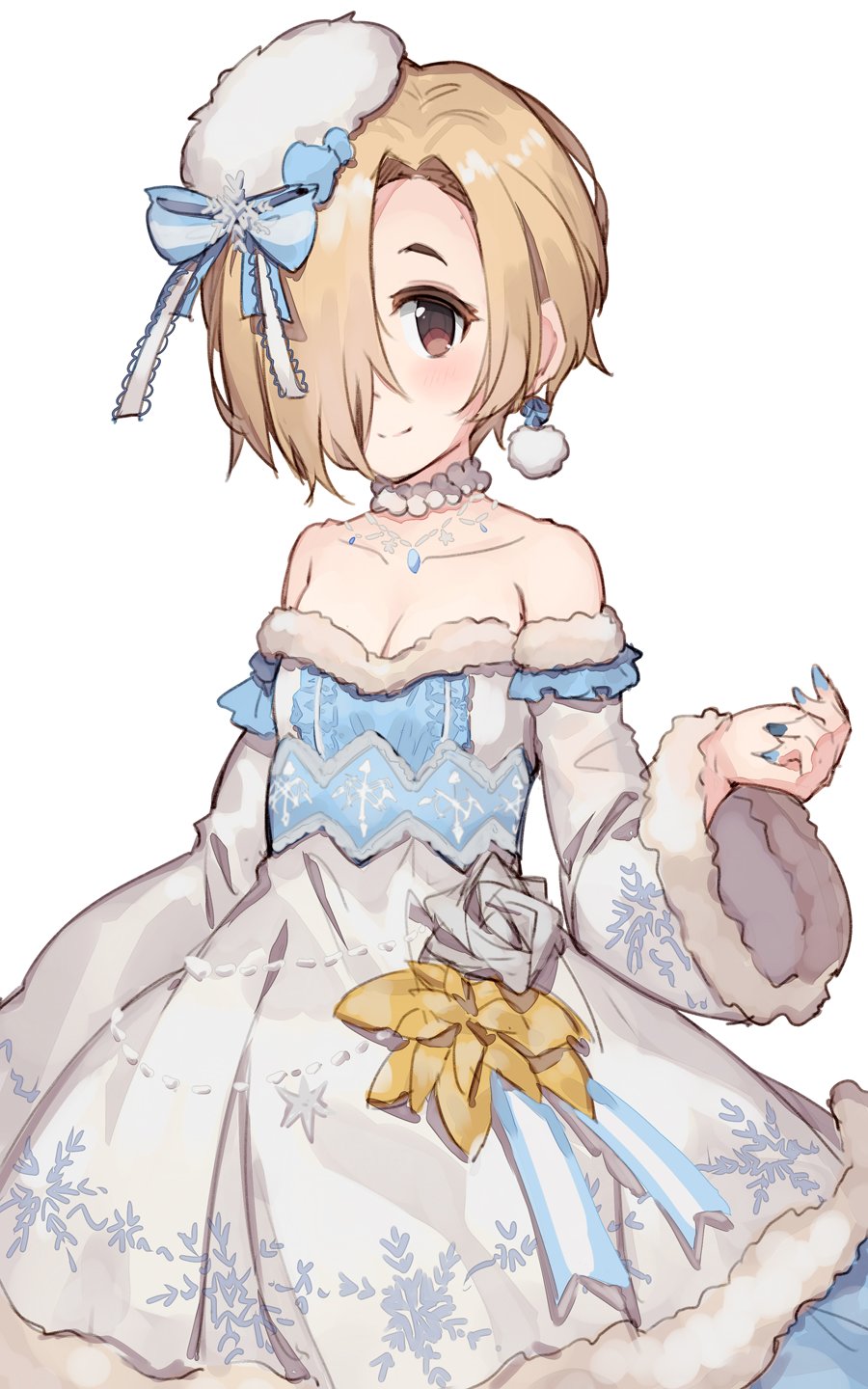 1girl bare_shoulders blonde_hair blue_dress blue_nails blush breasts brown_eyes collarbone commentary detached_sleeves dress earrings fur-trimmed_dress fur-trimmed_sleeves fur_trim hair_over_one_eye hand_up hat highres idolmaster idolmaster_cinderella_girls jewelry long_dress looking_at_viewer necklace shirasaka_koume shone short_hair simple_background sketch small_breasts smile snowflake_print solo two-tone_dress white_background white_dress white_headwear wide_sleeves
