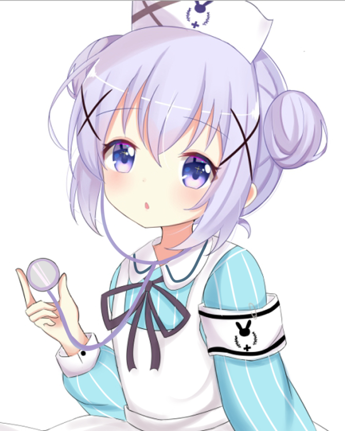 1girl apron armband bangs black_ribbon blue_dress blush collared_dress commentary_request double_bun dress eyebrows_visible_through_hair gochuumon_wa_usagi_desu_ka? hair_between_eyes hair_ornament hat holding kafuu_chino neck_ribbon nurse_cap parted_lips purple_hair ribbon satori_(ymoy) sidelocks simple_background solo stethoscope striped upper_body vertical-striped_dress vertical_stripes violet_eyes white_apron white_background white_headwear x_hair_ornament