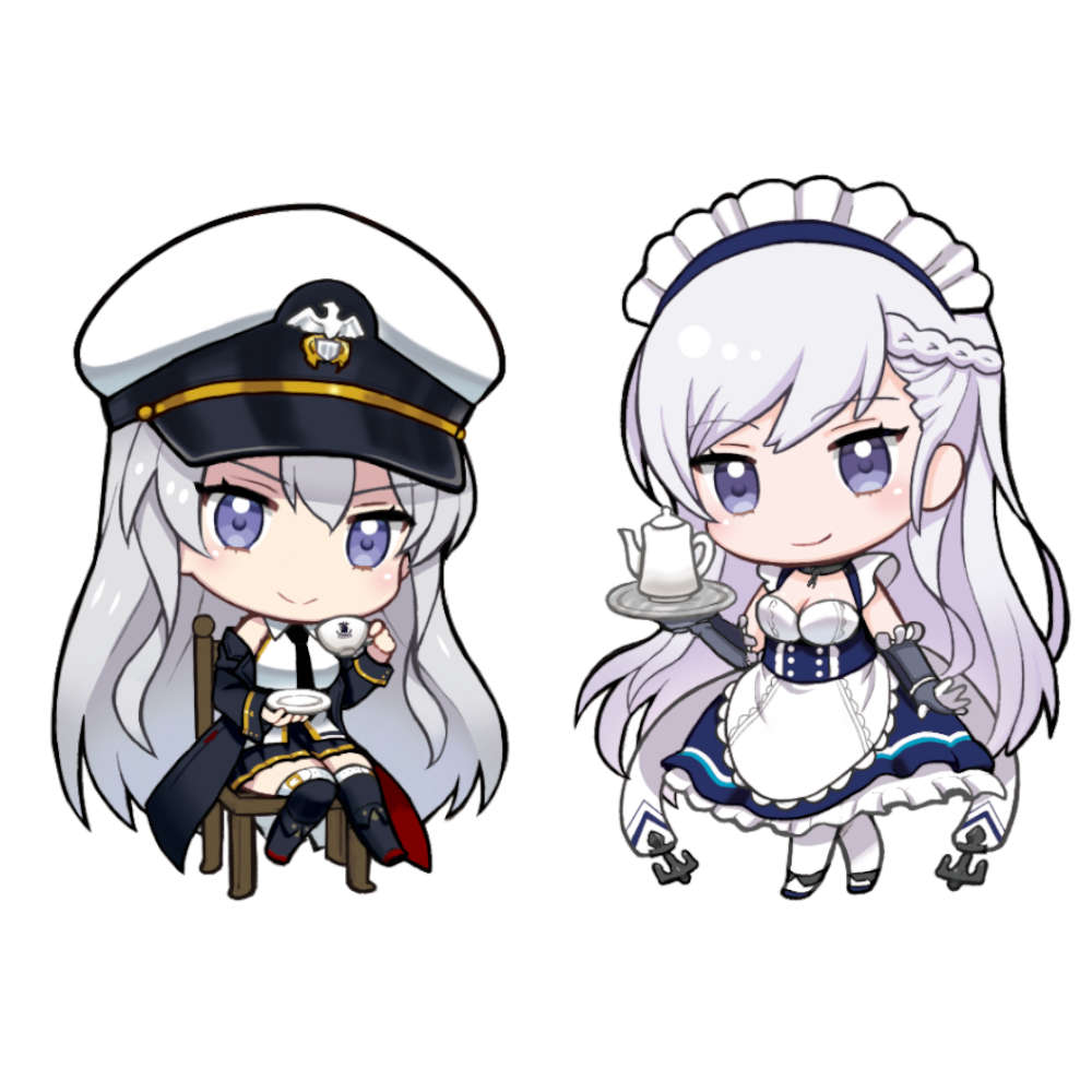 2girls artist_request azur_lane belfast_(azur_lane) black_coat black_neckwear chibi coat enterprise_(azur_lane) grey_hair hat long_hair military_hat multiple_girls open_clothes open_coat peaked_cap shirt sleeveless sleeveless_shirt white_headwear