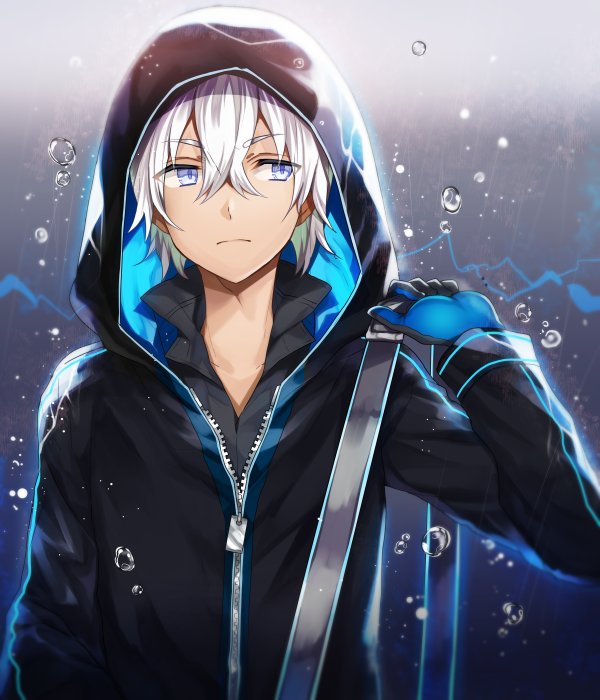 1boy black_jacket blue_eyes blue_gloves bubble gloves hair_between_eyes hand_up hood hooded_jacket jacket male_focus original ririkuto upper_body white_hair zipper