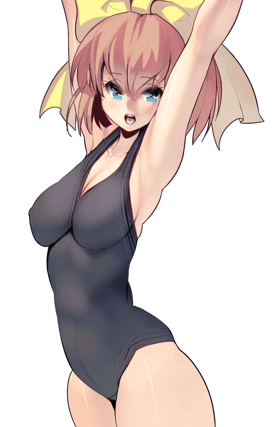 1girl armpits arms_up bangs blonde_hair blue_eyes bow breasts cowboy_shot hair_bow highres impossible_clothes impossible_swimsuit looking_at_viewer masao medium_breasts original school_swimsuit short_hair solo swimsuit white_background yellow_bow