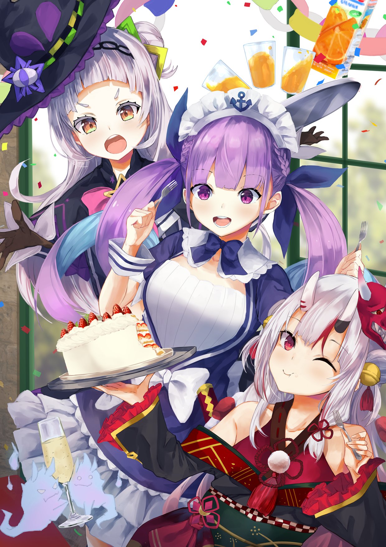 3girls cake collarbone commentary_request confetti drill_hair drink food fruit gloves hair_bun hat highres hitodama hololive japanese_clothes konkito long_hair looking_at_viewer maid_headdress minato_aqua multiple_girls murasaki_shion nakiri_ayame one_eye_closed oni_horns oni_mask open_mouth orange purple_hair red_eyes silver_hair tray twin_drills virtual_youtuber window witch_hat yellow_eyes