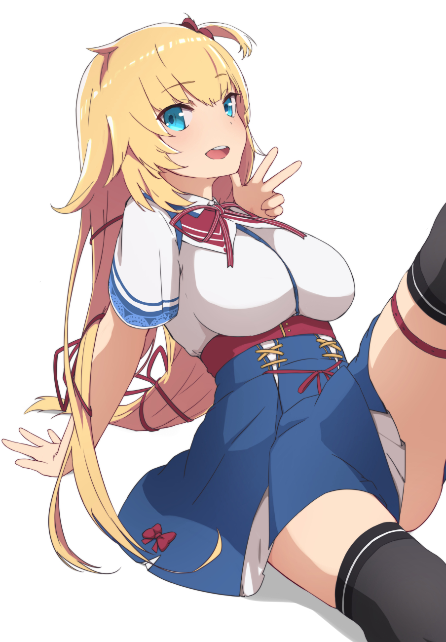 1girl akai_haato bangs black_legwear blonde_hair blue_eyes blue_skirt breasts eyebrows_visible_through_hair hair_bobbles hair_ornament high-waist_skirt highres hololive large_breasts leaning_back long_hair looking_at_viewer neck_ribbon open_mouth red_ribbon ribbon shirt short_sleeves sidelocks simple_background sitting skirt smile solo sonri thigh-highs thigh_strap tied_hair upper_teeth v virtual_youtuber white_background white_shirt
