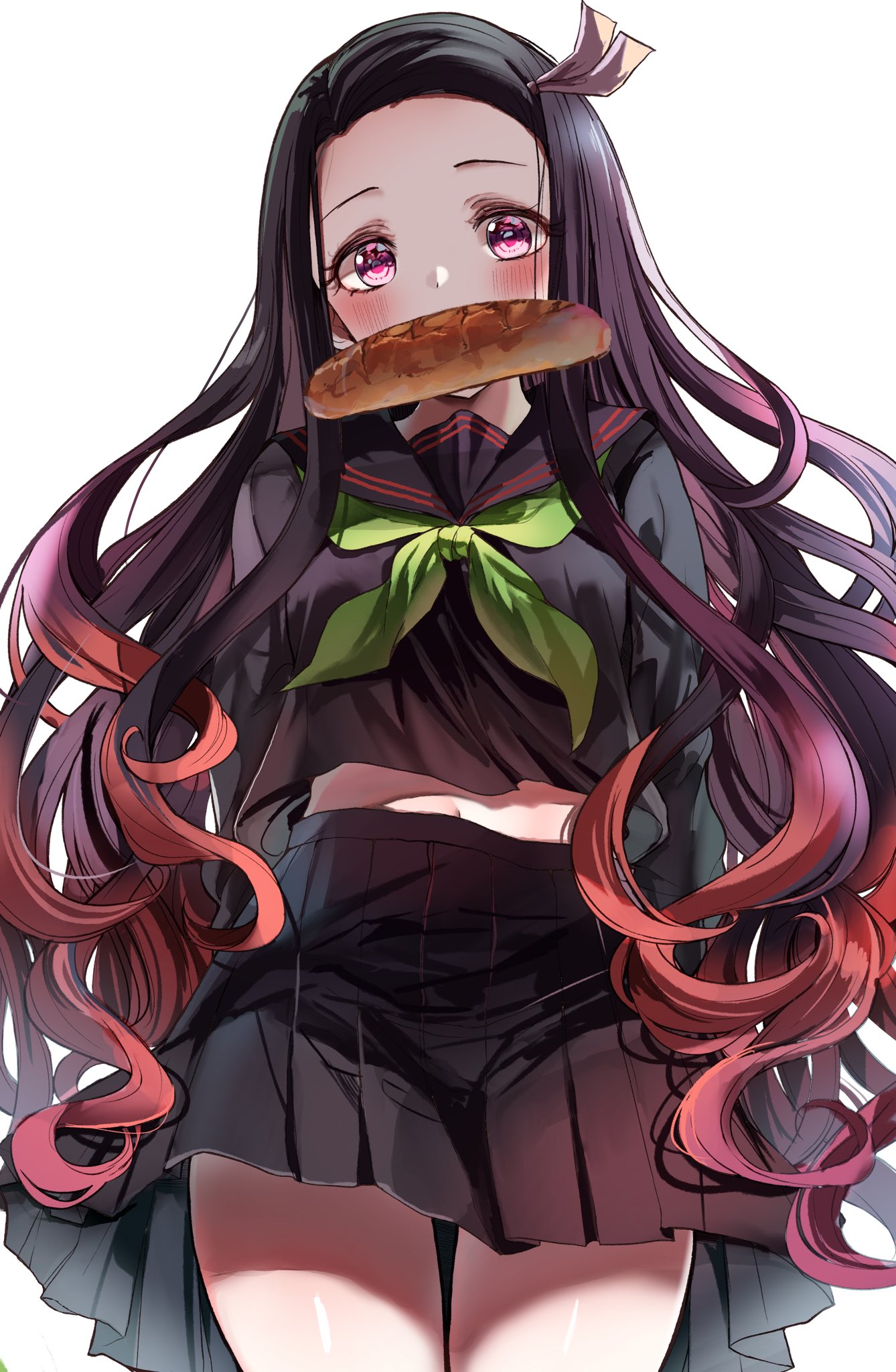 1girl black_hair black_sailor_collar black_serafuku black_shirt black_skirt blush bread_bun breasts forehead gradient_hair green_neckwear hair_ribbon highres kamado_nezuko kimetsu_no_yaiba long_hair long_sleeves looking_at_viewer mouth_hold multicolored_hair navel neckerchief pink_eyes pink_hair pink_ribbon pleated_skirt ribbon sailor_collar sak_(lemondisk) school_uniform serafuku shirt simple_background skirt small_breasts solo thighs white_background