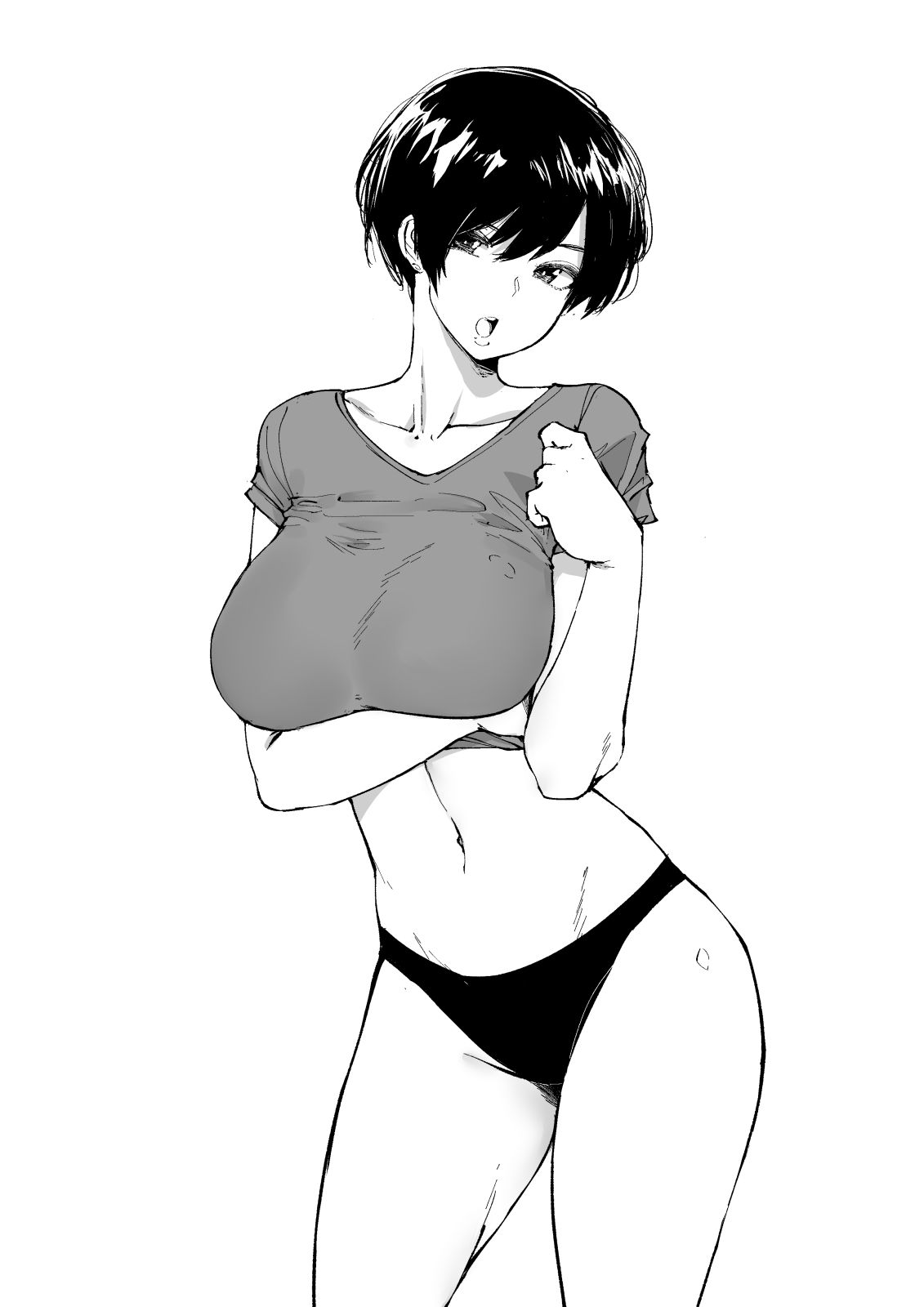 1girl breast_hold breasts commentary cowboy_shot english_commentary greyscale highres large_breasts looking_at_viewer monochrome norman_maggot olive_laurentia original panties shirt short_hair simple_background solo t-shirt underwear white_background
