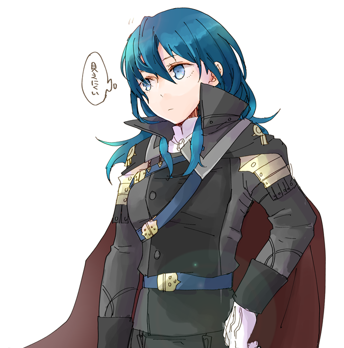 1girl blue_eyes blue_hair byleth_(fire_emblem) byleth_eisner_(female) cape closed_mouth cosplay fire_emblem fire_emblem:_three_houses gloves hubert_von_vestra hubert_von_vestra_(cosplay) long_sleeves medium_hair robaco simple_background solo upper_body white_background white_gloves