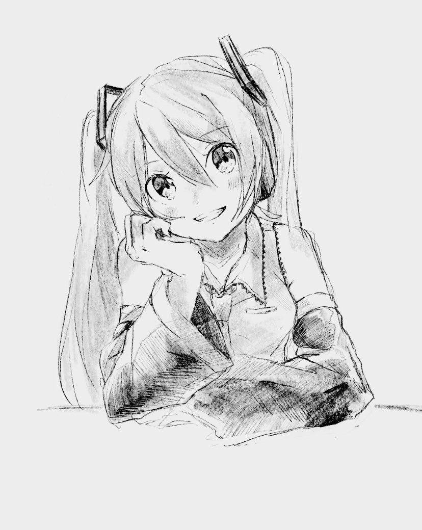 1girl bare_shoulders cheek_rest detached_sleeves greyscale grin hair_ornament hand_on_own_cheek hatsune_miku head_tilt headphones long_hair looking_at_viewer moko39_takasora monochrome necktie open_mouth shirt sitting sleeveless sleeveless_shirt smile solo twintails upper_body vocaloid