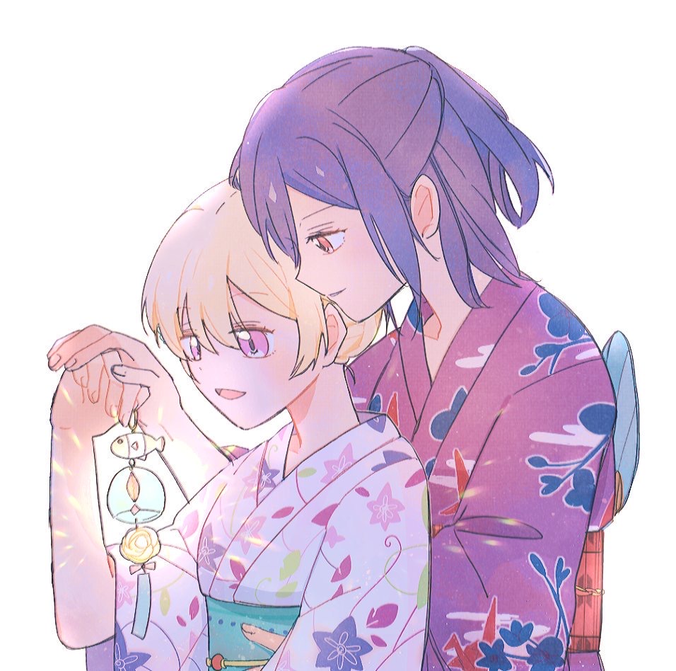 2girls :d bang_dream! bangs blonde_hair floral_print hair_up half_updo hand_on_another's_hand hand_on_another's_stomach holding japanese_clothes kimono multiple_girls obi open_mouth purple_hair red_eyes red_kimono sash seri_(vyrlw) seta_kaoru shirasagi_chisato simple_background smile upper_body violet_eyes white_background white_kimono wide_sleeves wind_chime yuri