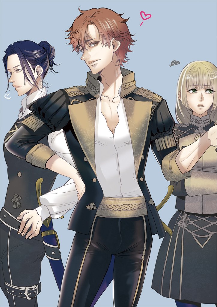 1girl 2boys blonde_hair blue_hair brown_eyes felix_hugo_fraldarius fire_emblem fire_emblem:_three_houses frown garreg_mach_monastery_uniform green_eyes hair_bun hand_on_hip ingrid_brandl_galatea long_hair long_sleeves masakikazuyoshi multiple_boys partially_unbuttoned redhead sheath sheathed short_hair smile sword sylvain_jose_gautier uniform weapon yellow_eyes