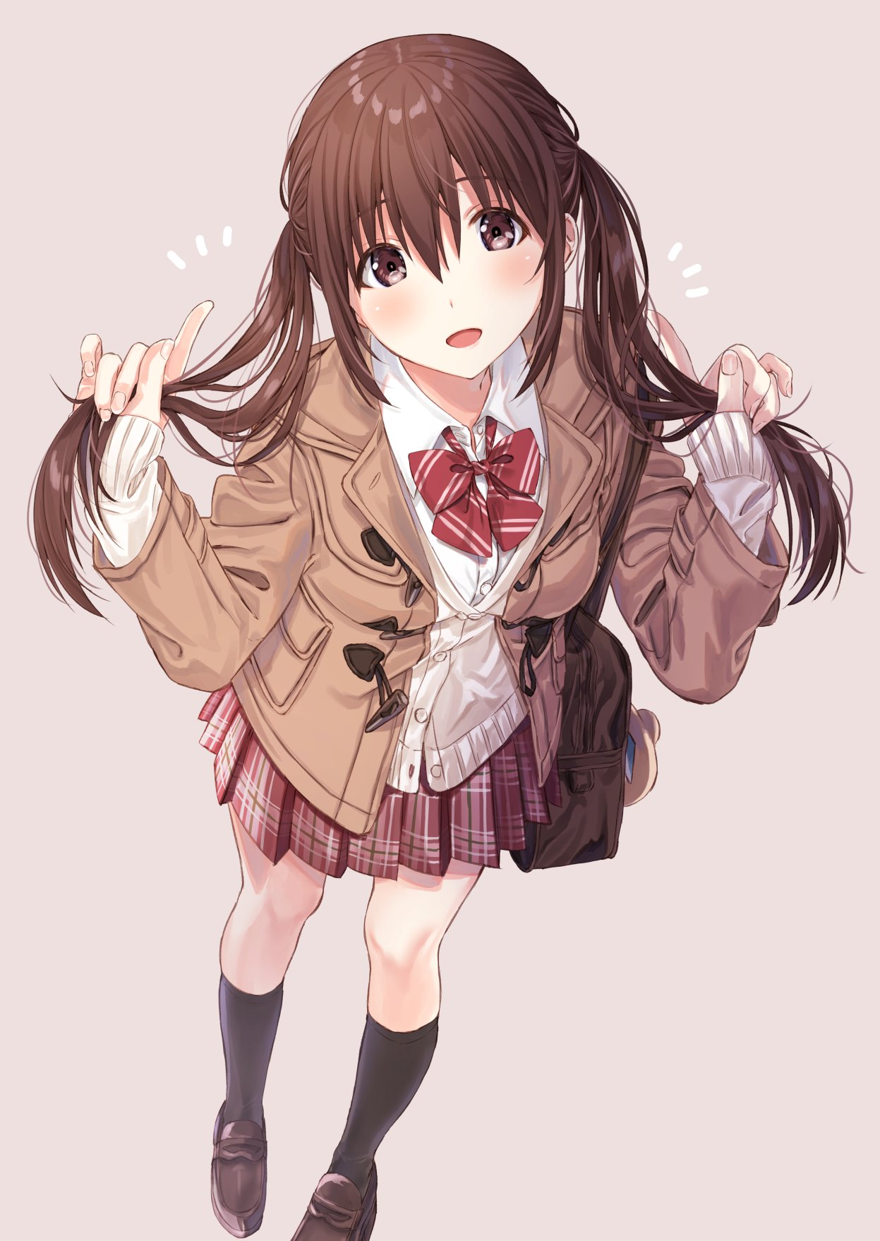1girl :d bag bangs black_legwear blush bow brown_background brown_eyes brown_footwear brown_hair brown_jacket cardigan collared_shirt commentary_request diagonal_stripes dress_shirt eyebrows_visible_through_hair fingernails hair_between_eyes hands_up highres holding holding_hair jacket kneehighs kukiha loafers long_hair long_sleeves looking_at_viewer notice_lines open_mouth original plaid plaid_skirt pleated_skirt red_bow red_skirt school_bag school_uniform shirt shoes simple_background skirt sleeves_past_wrists smile solo standing striped striped_bow twintails white_cardigan white_shirt