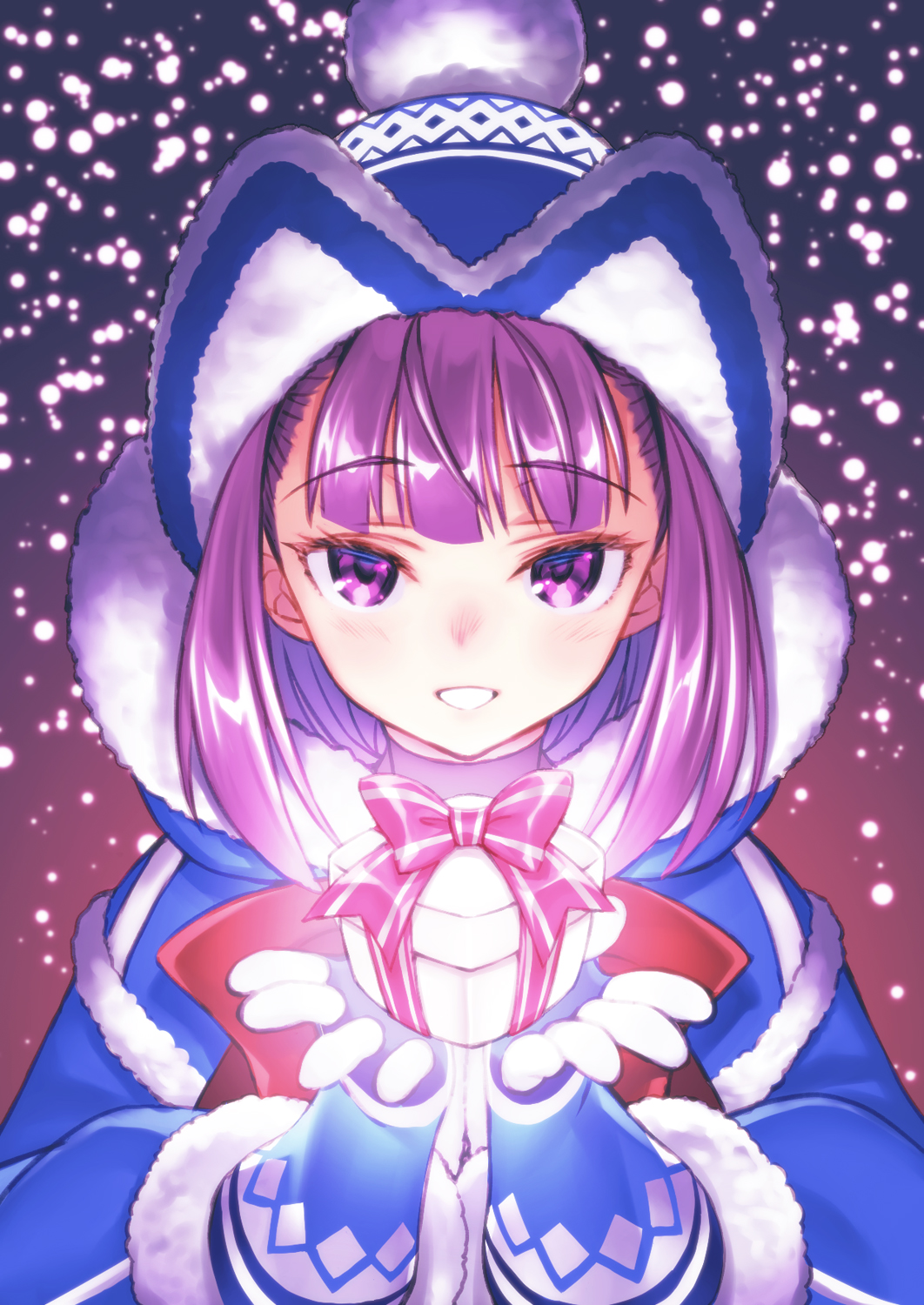 1girl bangs beanie blue_coat blue_dress blue_gloves blue_headwear blush bow box coat dress fate/grand_order fate/grand_order_arcade fate_(series) fur-trimmed_coat fur-trimmed_dress fur_trim gift gift_box gloves gradient gradient_background hat helena_blavatsky_(christmas)_(fate) helena_blavatsky_(fate/grand_order) highres hooded_coat large_bow long_sleeves looking_at_viewer matsuryuu open_clothes open_coat open_mouth purple_background purple_hair short_hair simple_background smile snowing solo violet_eyes